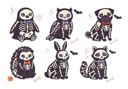Kawaii spooky skeleton animals in Halloween pack