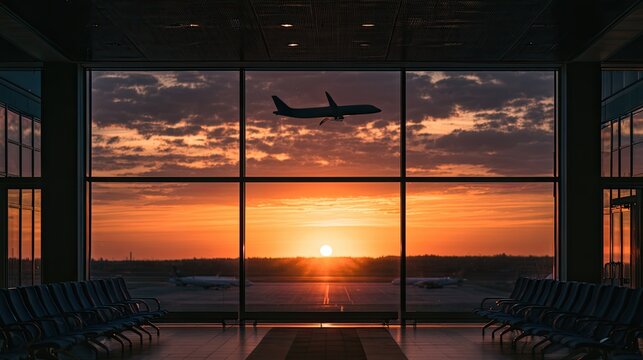 A plane lands at sunset viewed through a large airport window with rows of empty seats