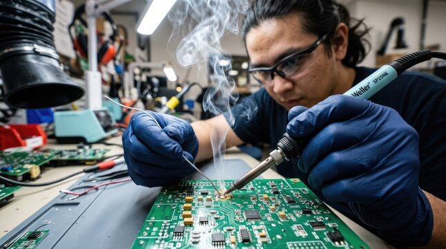 A male electronics technician carefully soldering components onto a circuit board. He wears blue work gloves and safety glasses.