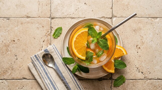 A refreshing orange and mint drink sits on a rustic tiled surface. A stainless steel straw rests across the drink, alongside a small plate, a sprig of mint, and a spoon.