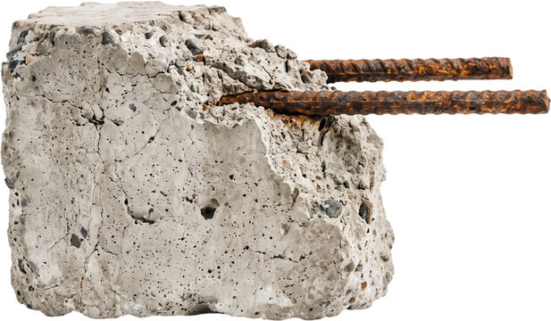 A large chunk of gray broken concrete block with textured surface and exposed rusty metal reinforcement rebar protruding from the fractured side revealing internal structure