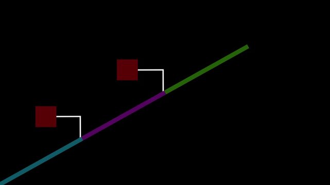 Infographic diagonal progress line with three square text callout boxes isolated on a black background. Modern business workflow timeline for milestone presentations.