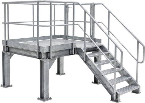 Metal industrial platform with stairs and safety railings made of galvanized steel grating flooring structure designed for warehouse equipment access and factory machinery maintenance