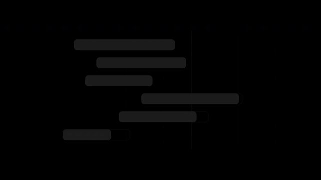 Black gantt chart with growing task bars, project management timeline loop, transparent background