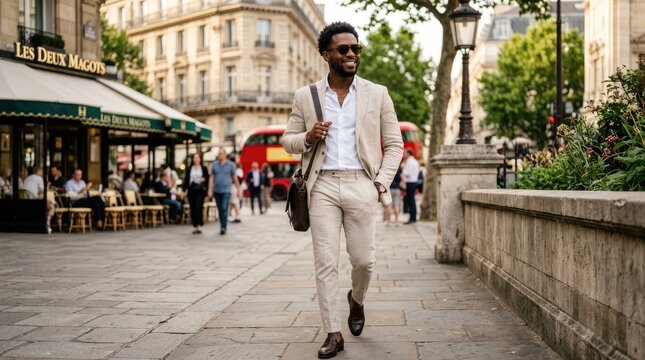 A stylish Black man walks down a Parisian street. He is wearing a beige linen suit jacket, a white shirt, and brown leather shoes.