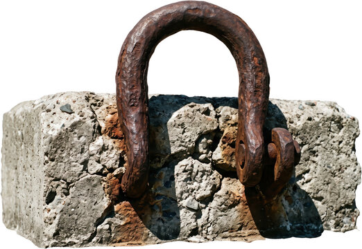A heavy rusty metal shackle attached securely to a weathered grey concrete block displaying rough texture corrosion wear and structural damage under bright sunlight anchor