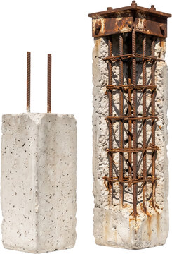 Reinforced concrete pillar sample showing structural rebar grid and metal framework section compared with solid column block used for civil engineering and construction material testing