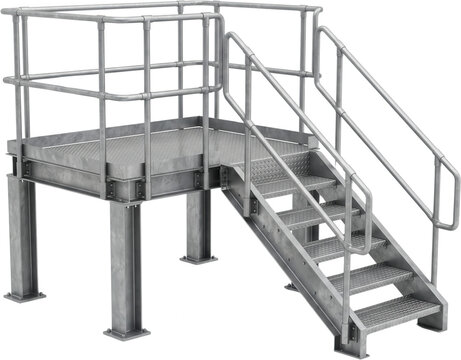Elevated metal platform featuring safety railings and stairs constructed from industrial steel grating and structural support beams in a warehouse workshop setting structure