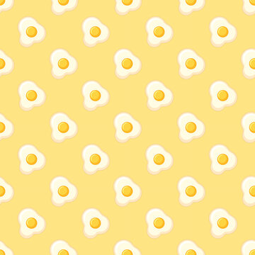 Fried egg seamless pattern, yellow vector background with repeating sunny side up eggs, cute breakfast food motif for fabric