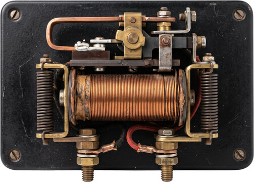 Top down close up view of an old vintage electrical relay mechanism featuring copper wire coil winding springs terminals nuts and bolts mounted on a heavy black base plate assembly
