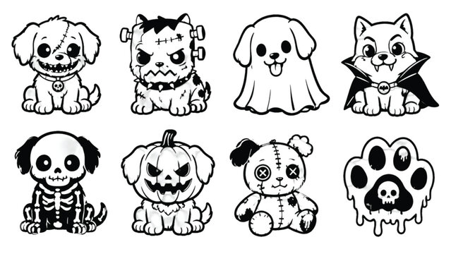 Adorable halloween themed dog vector illustration set featuring cute puppy characters dressed in spooky costumes with clean bold black outlines