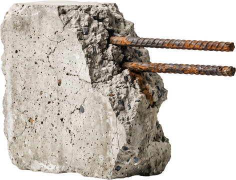 Broken piece of grey concrete block exposing two rusty metal reinforcement rebars sticking out from the jagged fractured stone structure showing heavy construction material damage