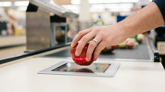 Customer scanning a red apple at a self checkout counter with a laser scanner