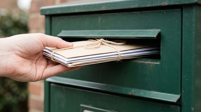 Hand inserting stack of letters tied with twine into a green mailbox slot