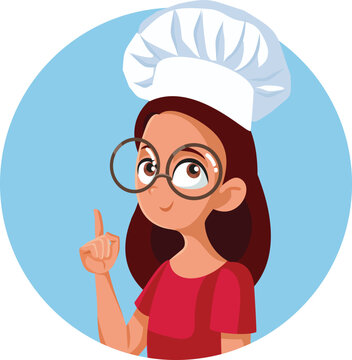 Teenage Girl Chef Wearing Big Round Glasses Pointing Finger Up. Smart young cook in white hat raising her hand with bright idea 
