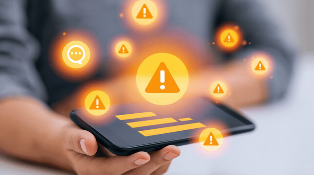 Person holding tablet with warning icon and spam alert symbol, digital security concern