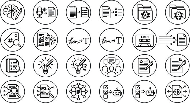 AI document processing and automated text summarization black outline icons set for software dashboard