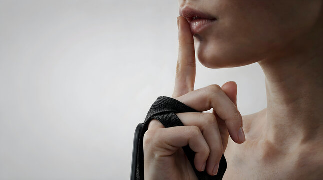 Close-up profile portrait of a woman making a silent or secret gesture with her finger to her lips