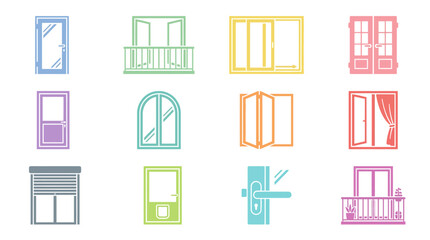 Obraz premium Modern window styles and balcony door icon set.