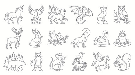 Naklejka premium Nature and Fantasy Animals Black White Line Art Icons Collection: Mythical Creatures Wildlife Illustrations