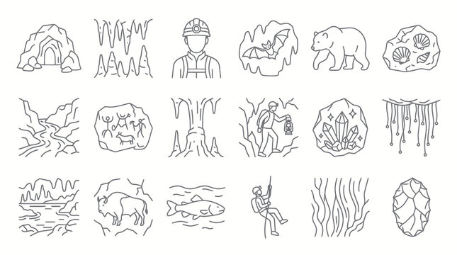 Cave Exploration  Speleology Line Art Icons Set. Geology, Prehistoric Life, and Caving Vector Symbols.