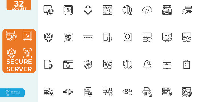Secure Server Vector illustration line editable Icons set. for secure server,  data protection, network security, web security, and Data Safety, and more. on white background.