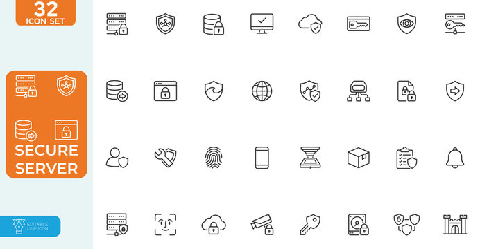 Secure Server Vector illustration line editable Icons set. for secure server,  data protection, network security, web security, and Data Safety, and more. on white background.