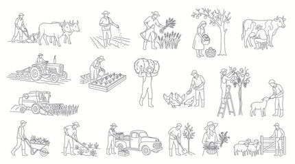 Obraz premium Agriculture Farming Line Art Icons Set. Outline Collection of Farmers, Animals, Crops, and Rural Life Activities.