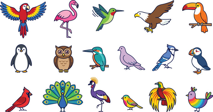 Avian Wildlife and Colorful Exotic Bird Vector Icon Set Featuring Macaw Parrot, Pink Flamingo, Flying Hummingbird, Bald Eagle, Toucan, Owl, and Peacock for Nature Graphic Designs