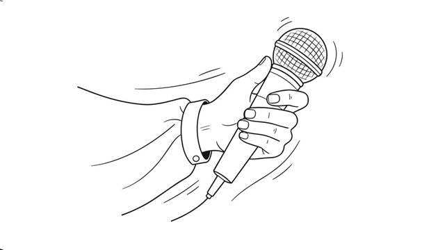 Black and white line art illustration showing a hand holding a microphone with motion lines representing singing.