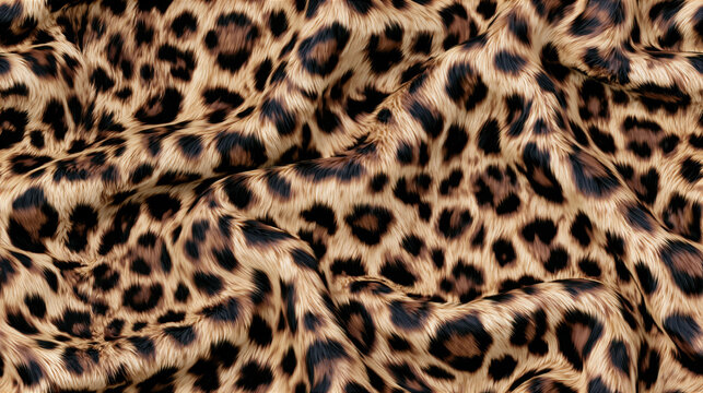 Printed leopard fur pattern with black rosette markings and warm brown texture, creating dense animal print background suitable for textile, fashion, upholstery, and decorative design