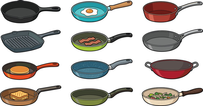 Kitchen Frying Pan and Cookware Vector Icon Set Featuring Cast Iron Skillets, Square Grill Pans, Woks, and Nonstick Pots Cooking Eggs, Bacon, Pancakes, and Vegetables for Culinary Designs
