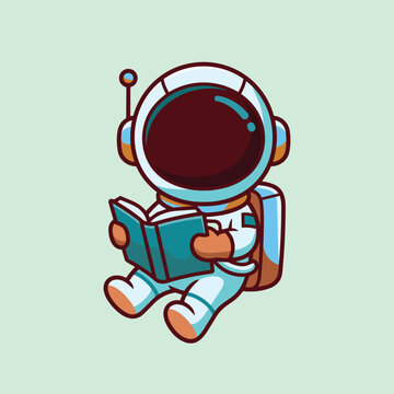 Cute cartoon astronaut sitting and reading a blue book. Flat vector illustration style with thick outlines on a light green background. Perfect for kids education and science design projects.