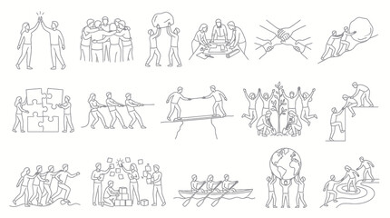 Naklejka premium Black White Line Art Set of Teamwork and Business Collaboration Concepts, Outline People Working Together