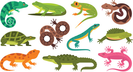 Fototapeta premium Reptile and Amphibian Vector Icon Set Featuring Green Chameleons, Tree Frogs, Tortoises, Newts, Lizards, Crocodiles, and Colorful Geckos for Wildlife and Biology Educational Designs