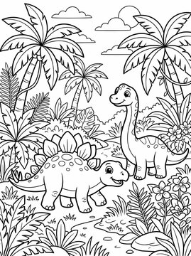 Coloring page of cute dinosaurs in a jungle, black and white line art for kids