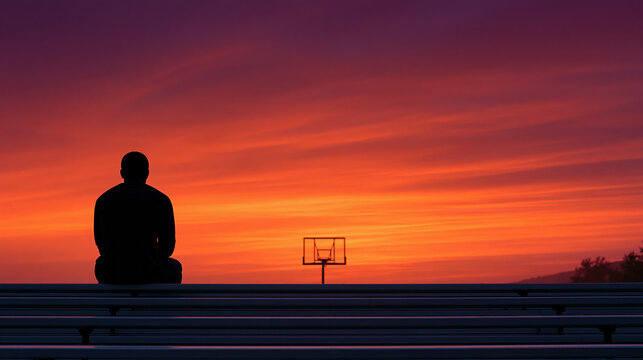 Silhouette person basketball court sunset orange sky solitude Silhouette person basketball court sunset orange sky solitude near empty bleacher vivid evening light and dramatic cloud streak