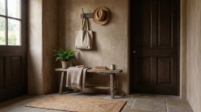 Rustic and minimalist entryway interior with a wooden bench, fern plant, books, hat, and tote bag against textured beige walls and dark wood doors, creating a cozy and natural home decor scene.