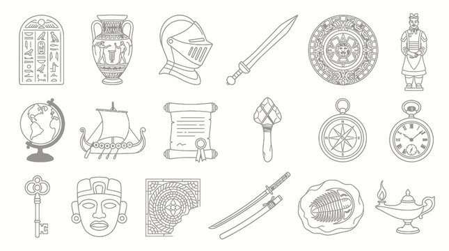 Archaeology and Ancient History Icons: Hand-Drawn Collection of Artifacts and Relics