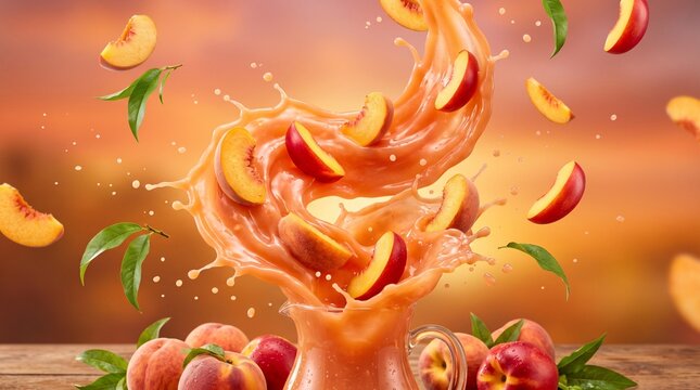 Dynamic Peach Juice Splash with Fresh Fruit and Leaves.