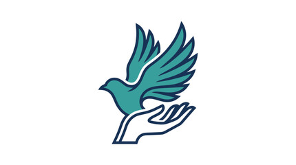 Naklejka premium Conceptual illustration featuring a teal dove bird soaring from an open human hand representing peaceful freedom and spiritual hope on a clean background