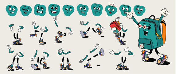 Obraz premium Retro cartoon backpack character constructor kit featuring various expressions arms legs and colorful school accessories vector