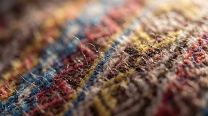 Fototapeta premium Macro Close-up of Colorful Woven Textile Fabric with Textured Yarns and Fibers, Detailed View of Multicolored Material Surface