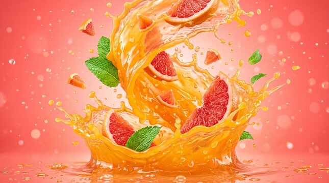 Dynamic splash of fresh orange juice with grapefruit slices and mint leaves.