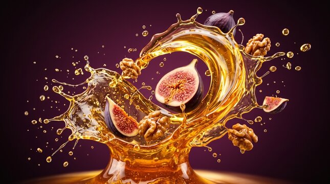 Dynamic splash of golden honey with fresh fig slices and walnuts on purple background.