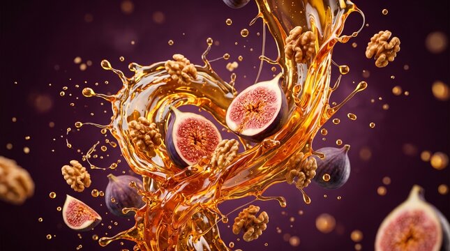 Dynamic Splash of Golden Honey with Fresh Figs and Walnuts on a Dark Background.