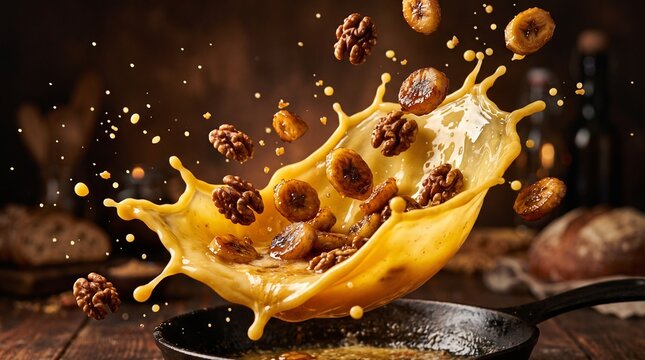 Dynamic splash of golden honey with walnuts and dried fruits in a frying pan.