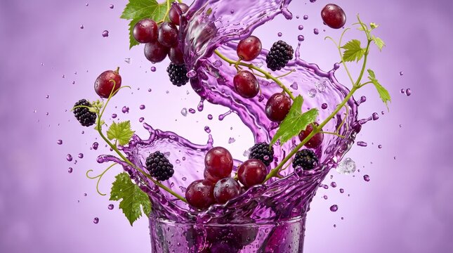 Dynamic Splash of Grape and Berry Juice with Fresh Fruits.