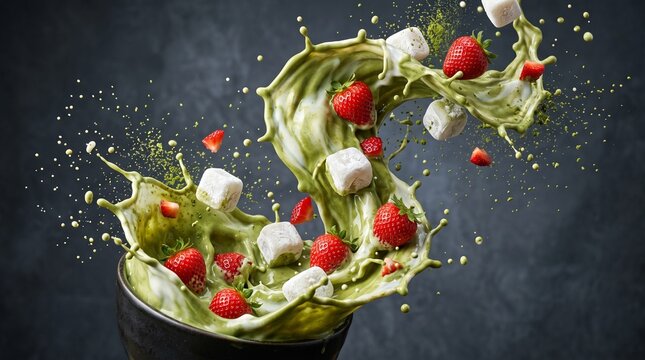 Dynamic Splash of Green Smoothie with Strawberries and Marshmallows.