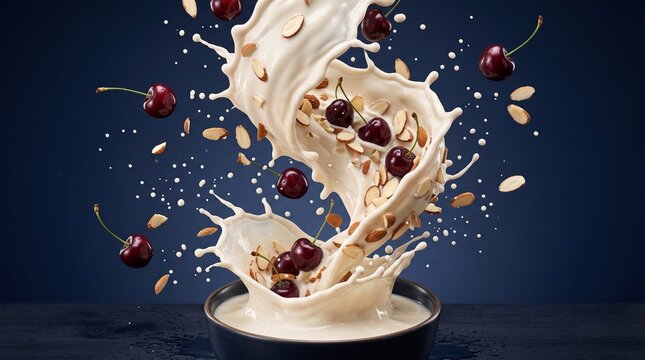 Dynamic Splash of Milk, Cherries, and Nuts in a Bowl.